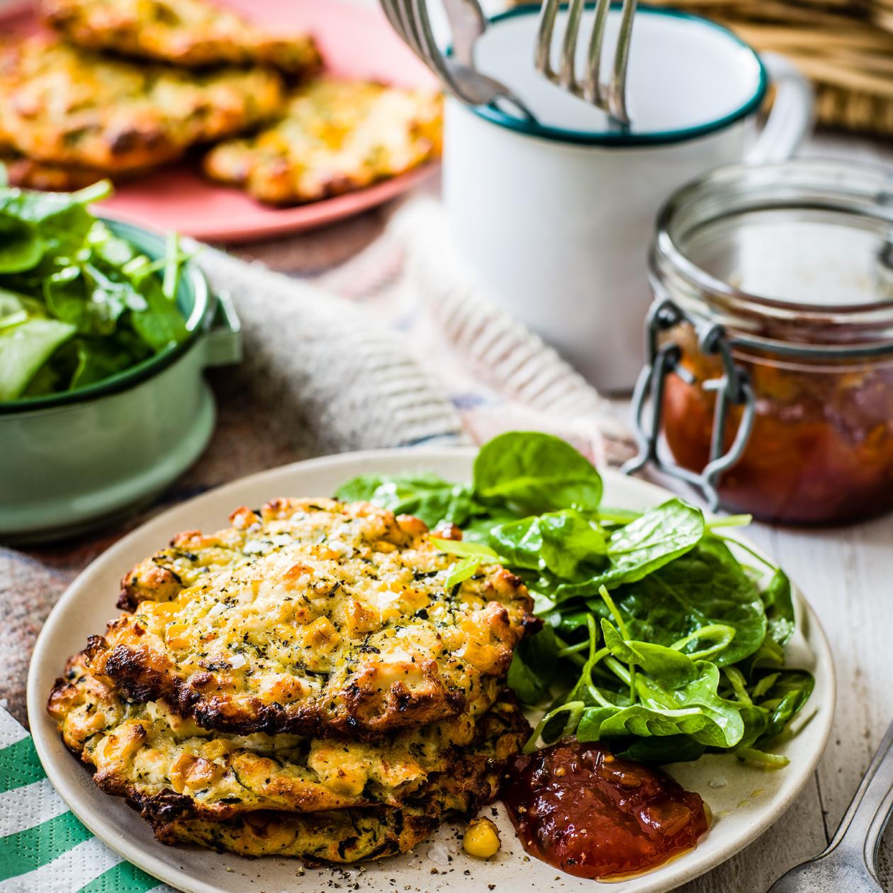 Sweetcorn, courgette and feta oven-baked fritters recipe | Sainsbury`s  Magazine