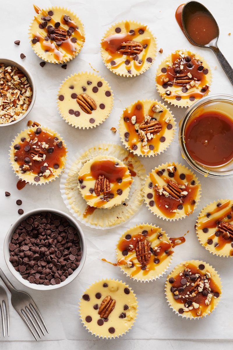 Salted Caramel Chocolate Chip Mini Cheesecakes - Baker by Nature