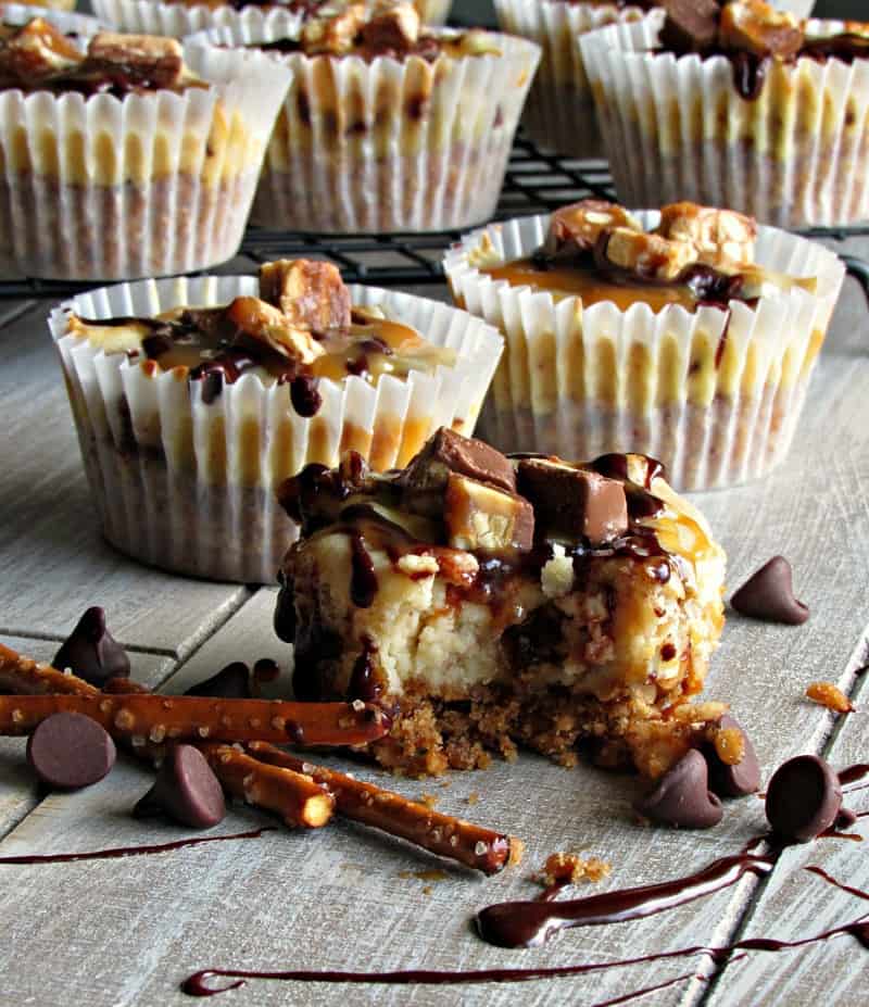 Snickers Cheesecake Bites with crushed pretzel crust - A Gouda Life